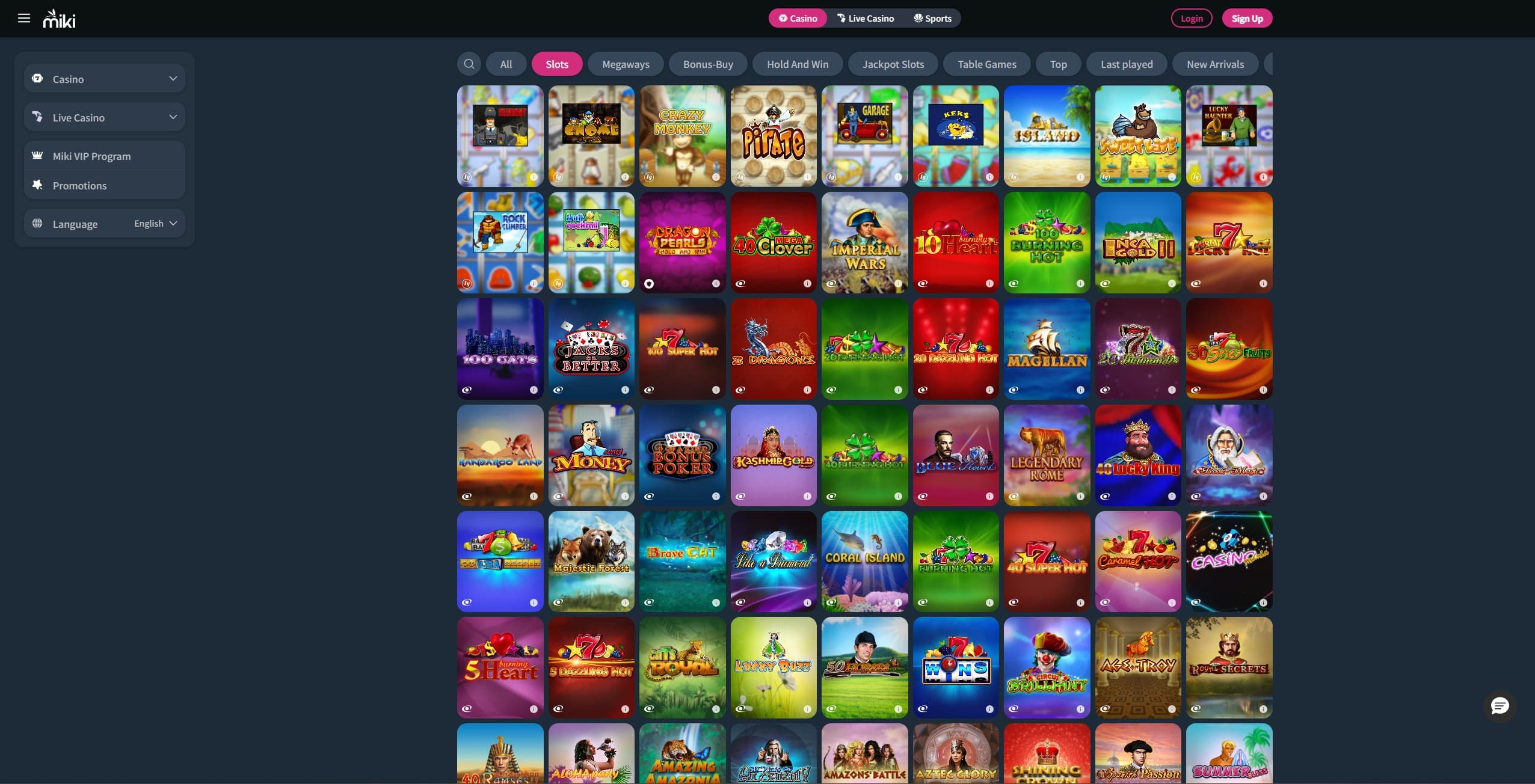 Miki Casino Games Page showing the main menu to the left and a selection of slot games