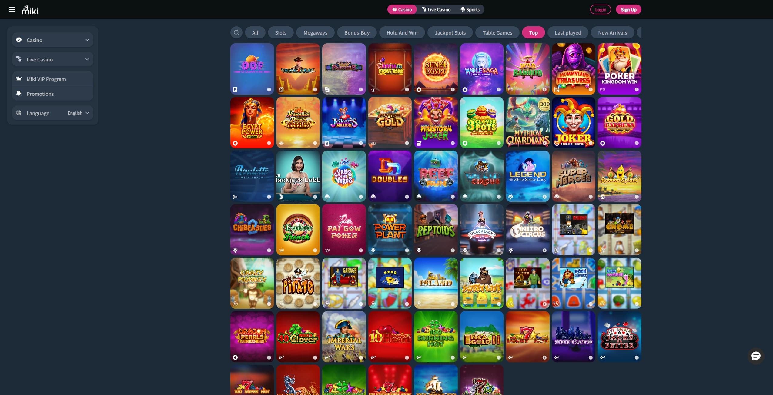 Miki Casino Homepage showing the main menu on the left and a selection of games