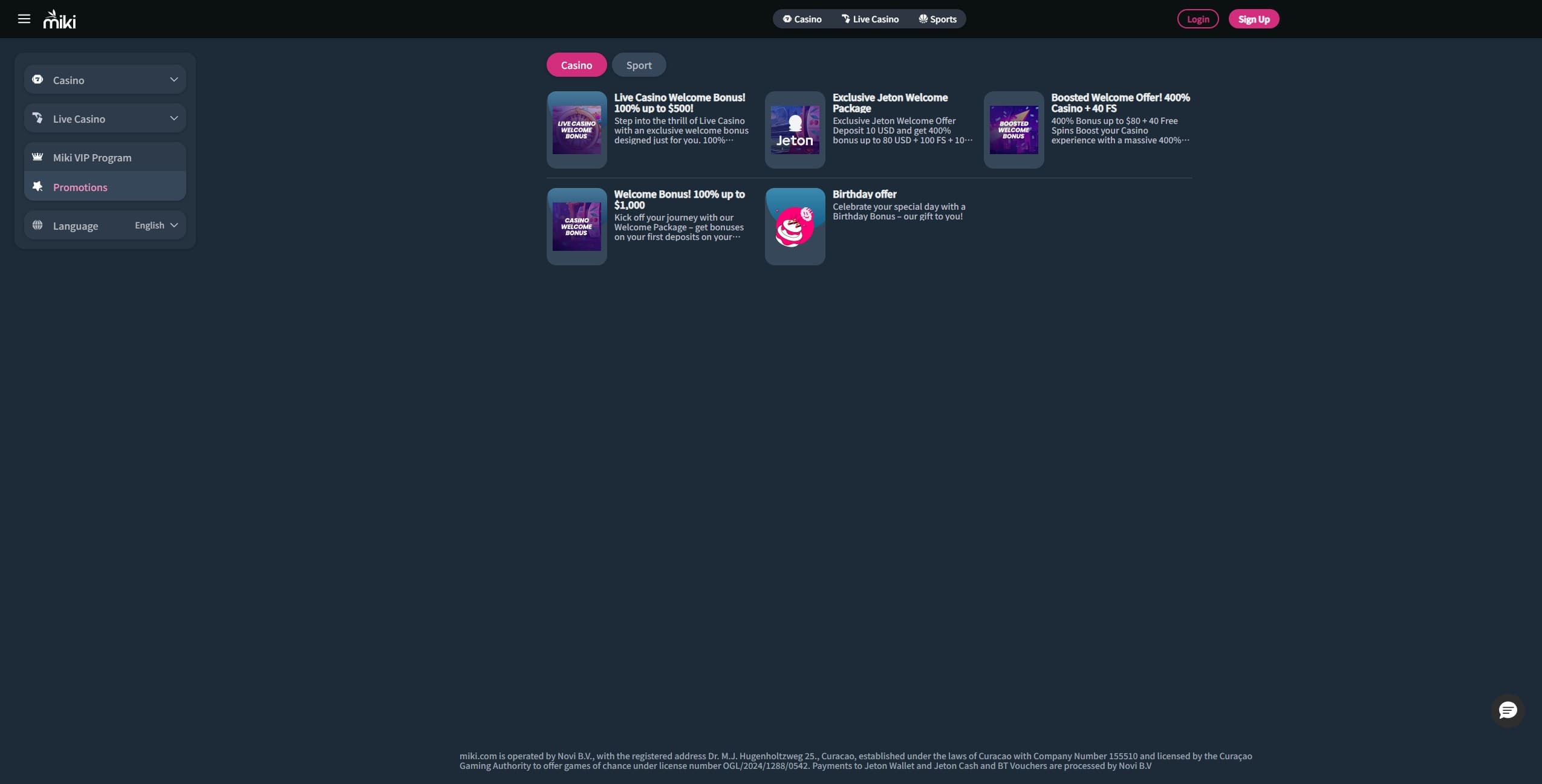 Miki Casino Promotions page showing the welcome offers and other promos