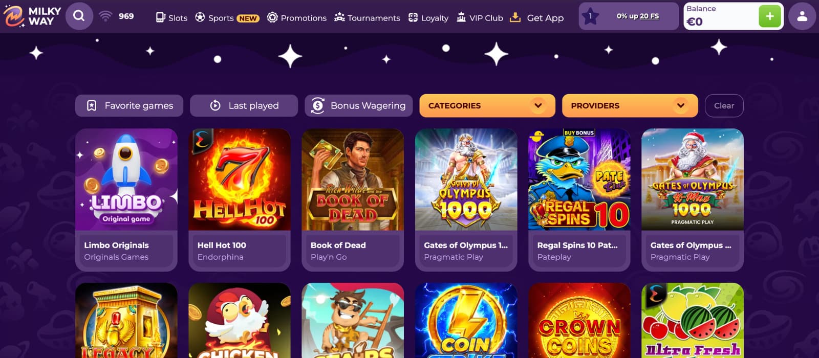 Milkyway Casino games page showing the slot game lobby with featured slot titles, category filters, provider filters, and game browsing options.