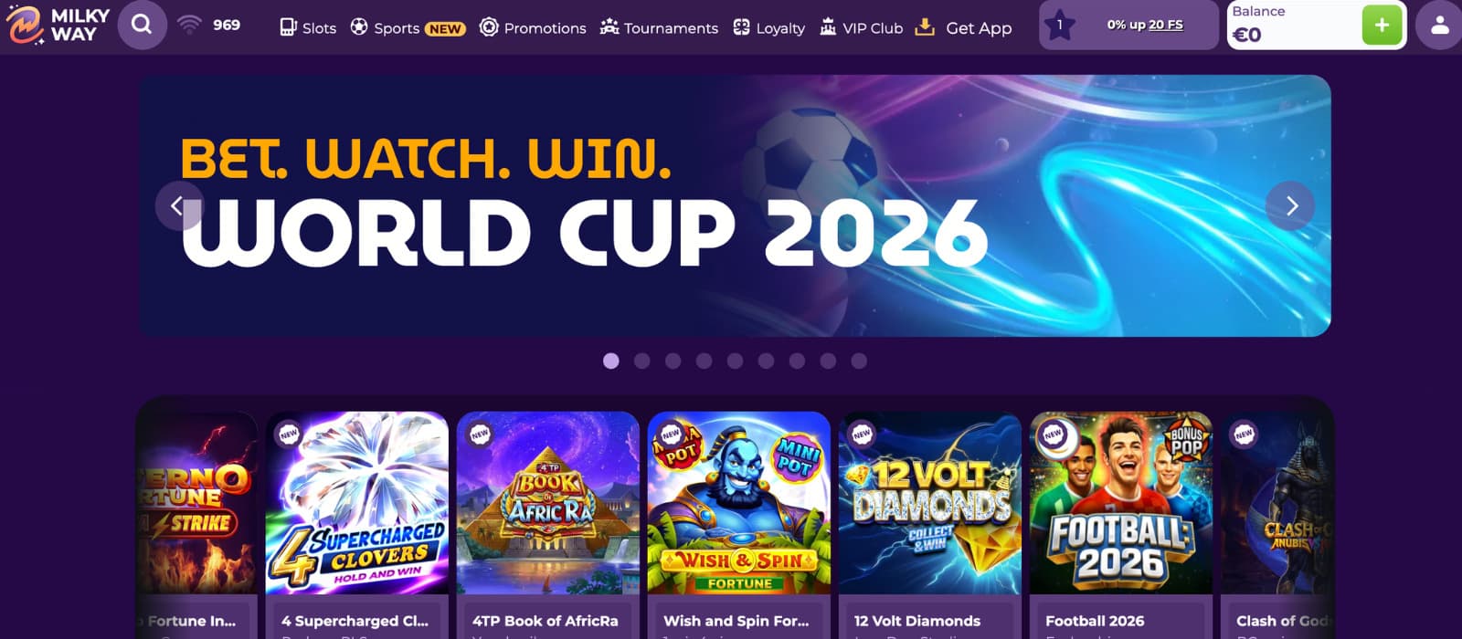 Milkyway Casino landing page showing the homepage with the World Cup 2026 banner, featured slot games, and the main casino navigation.