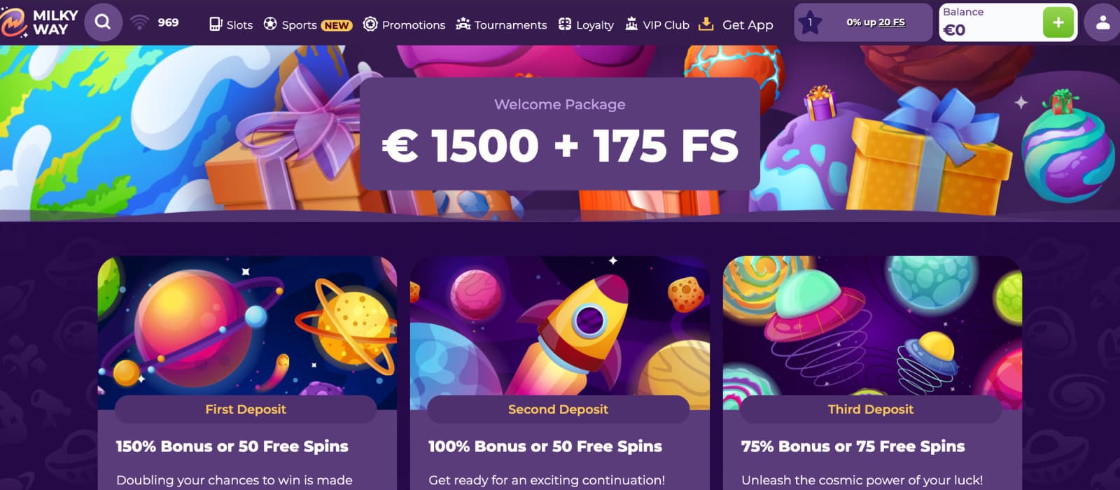 Milkyway Casino promotions page displaying the welcome package with deposit bonuses and free spins across the first three deposits.