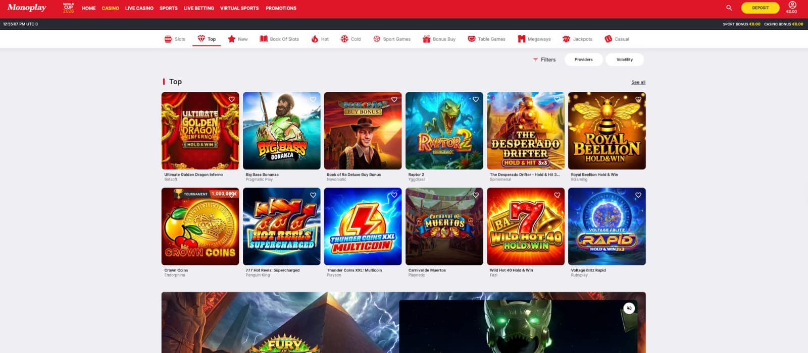 Monoplay Casino games page showing the Top slots lobby with featured slot games, category filters, provider filters, and game browsing options.