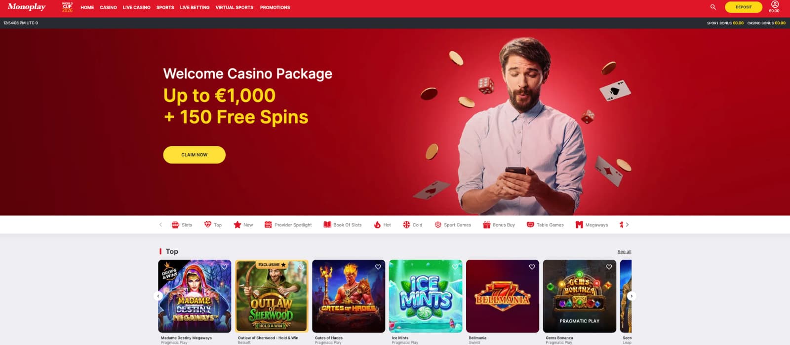 Monoplay Casino landing page showing the homepage with the welcome bonus banner, featured slot categories, and top casino games.