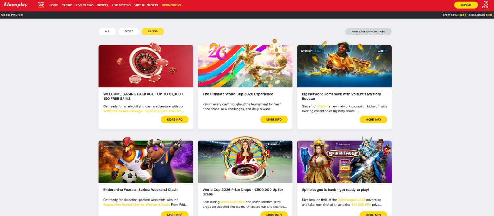 Monoplay Casino promotions page displaying the welcome casino package, World Cup promotions, mystery booster offers, and other active casino promotions.