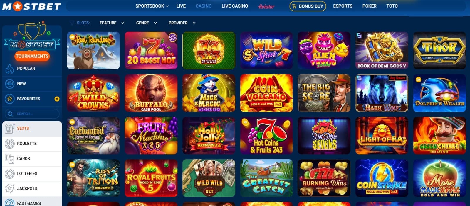The games page of Mostbet Casino displays a rich collection of slot games, such as ReelReindeer, WildSpin, and more.