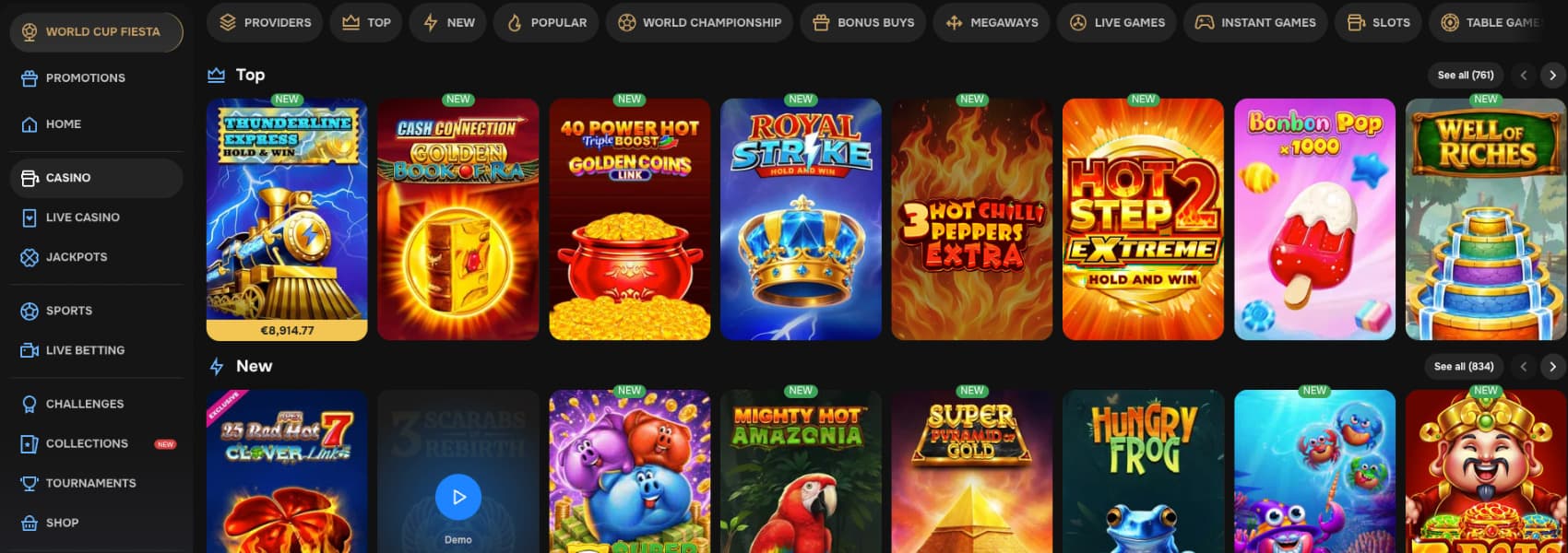 Mr Punter Casino games page displaying top games, new releases, category filters and the searchable casino game library.