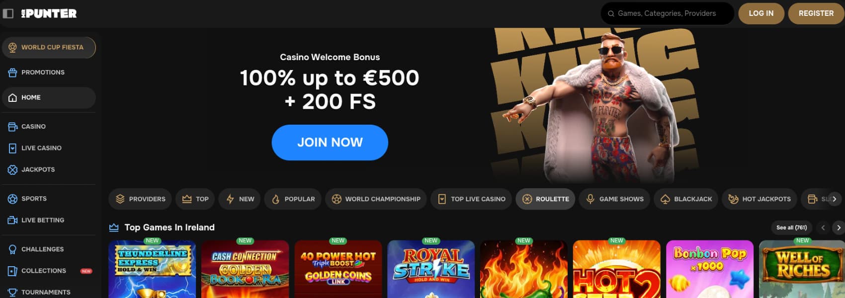 MrPunter Casino landing page displaying the welcome bonus banner, featured game categories and top games in Ireland.