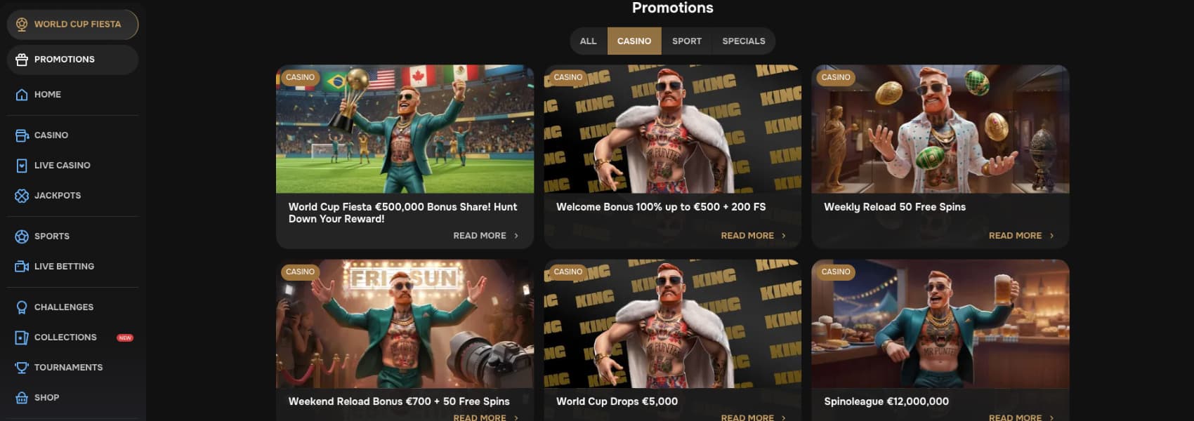 MrPunter Casino promotions page displaying the welcome bonus, Weekend Reload Bonus, World Cup Fiesta, and other casino promotions.