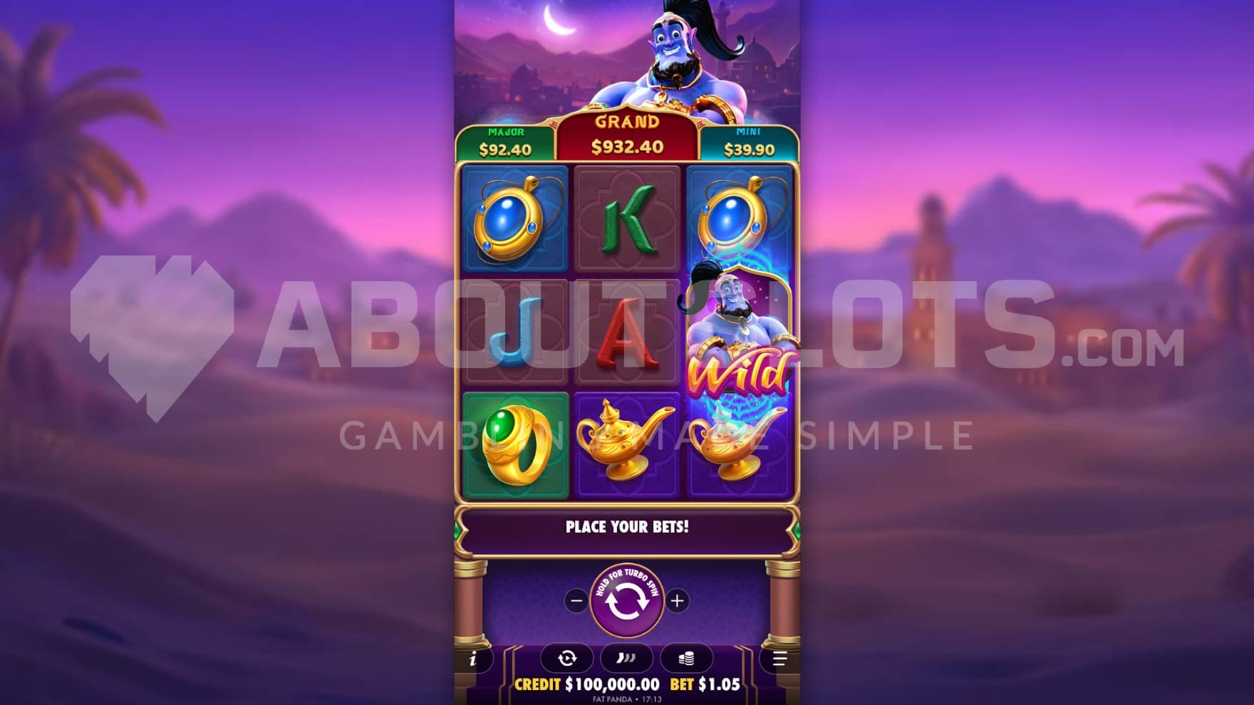The genie sits above the reels as you play