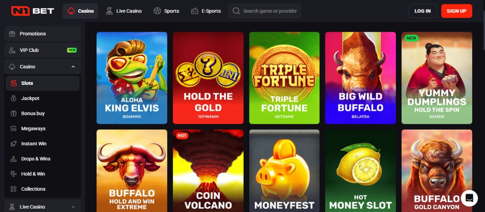N1 Bet Casino games page with the various colorful slot game icons, game categories and side navigation menus