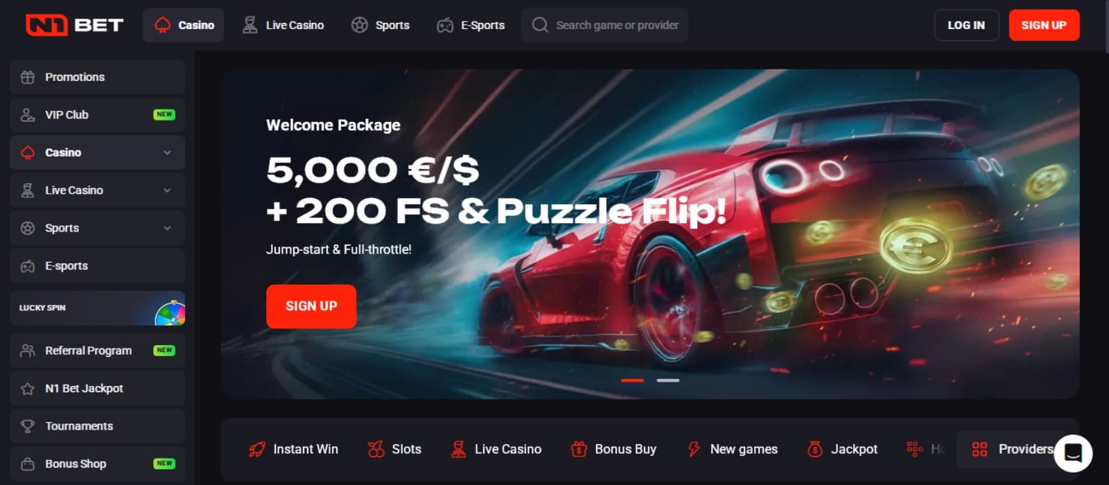 N1 Bet Casino landing page with the welcome bonus banner featuring sports car and side navigation menus with game categories below