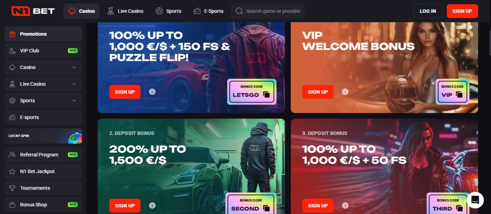 N1 Bet Casino promotions page with the various deposit bonus offer banners and side navigation menus