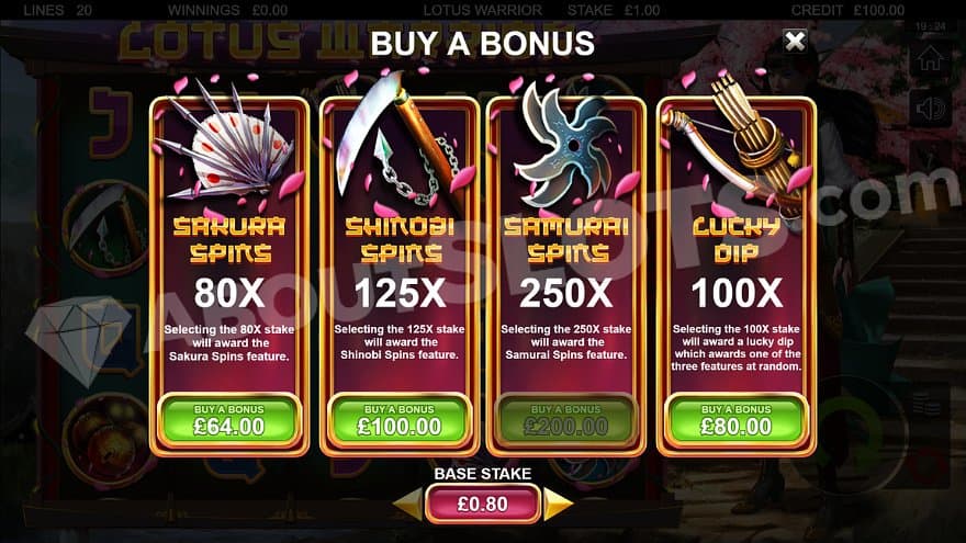 A menu offering the Sakura Spins for 80X the bet, the Shirobi Spins for 125X, and the Samurai Spins for 250X. 