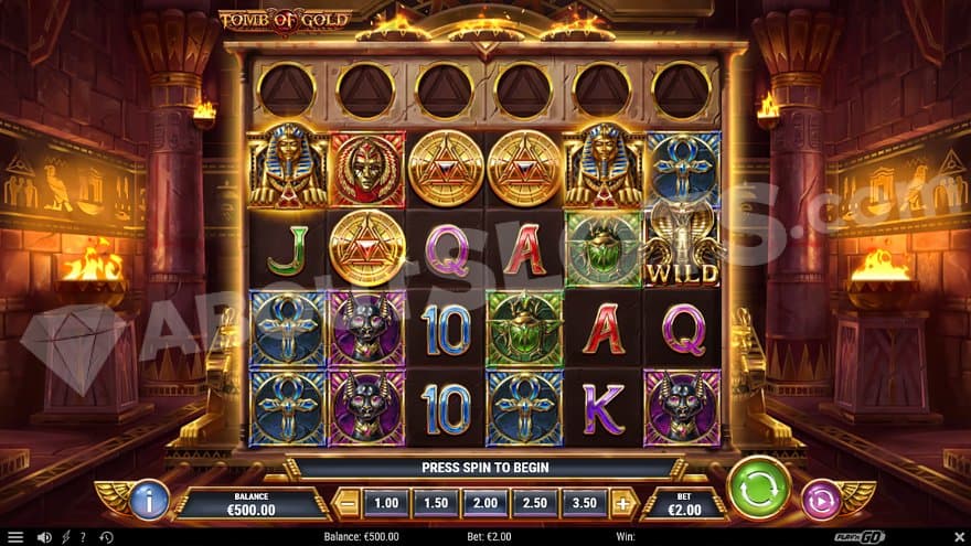 A casino slot in an Egyptian chamber with burning fires.