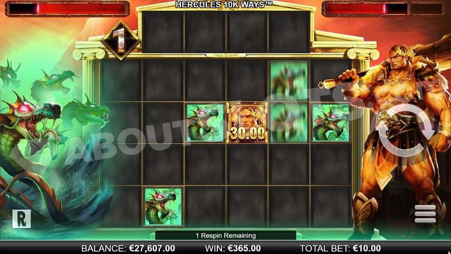 One Hercules symbol and five monster symbols in the battle respins feature.