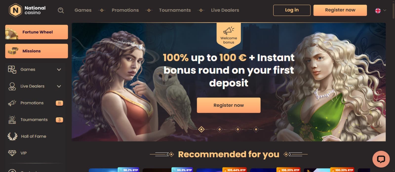 National Casino landing page with the welcome bonus offer banner displaying images of two pricess like women, side navigation menus and top navigation menus