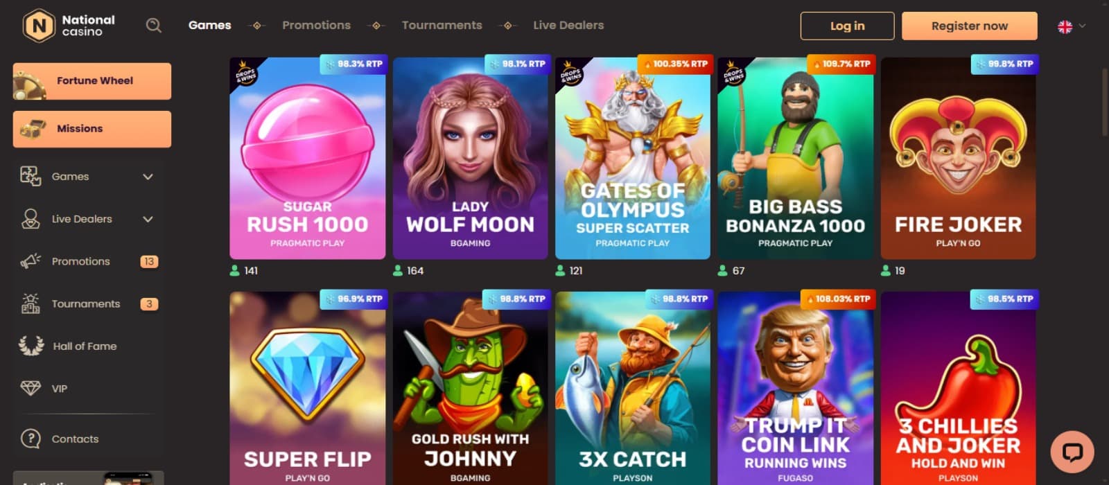 National Casino games page with the colorful slot game icons divided into categories, side casino navigation menus and top navigation menus