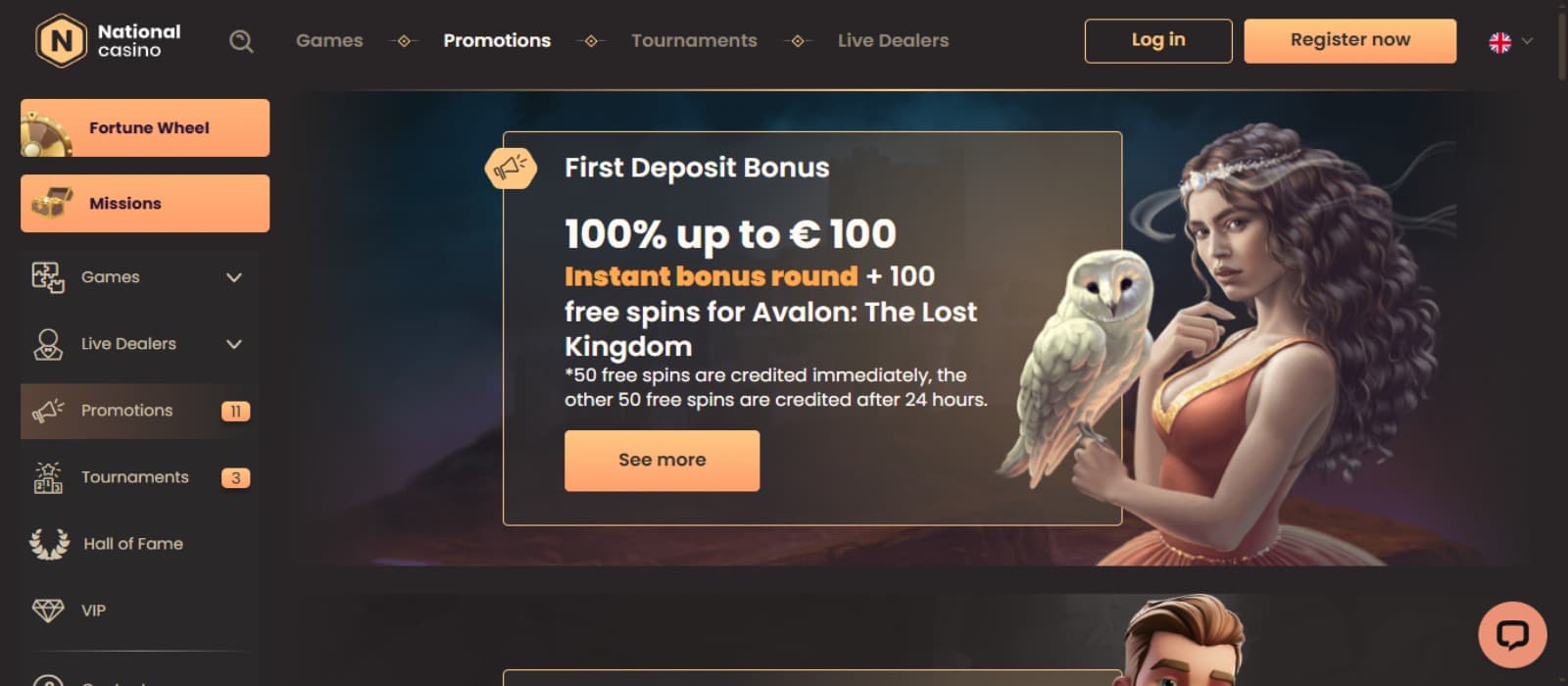 National Casino promotions page with the first deposit bonus offer banner with a princess holding an owl, side navigation menus and top navigation menus