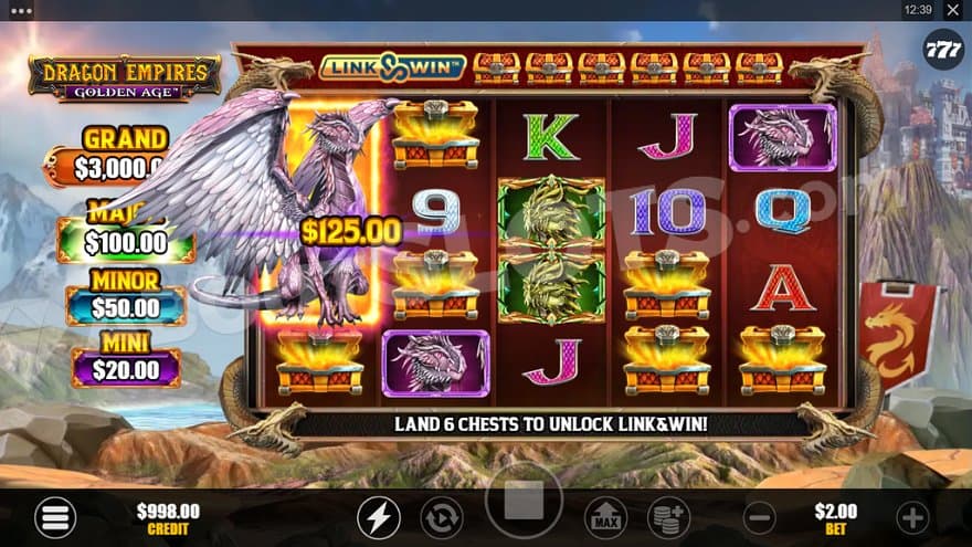 The stacked purple Wind Dragon on the first reel collects $125.00.