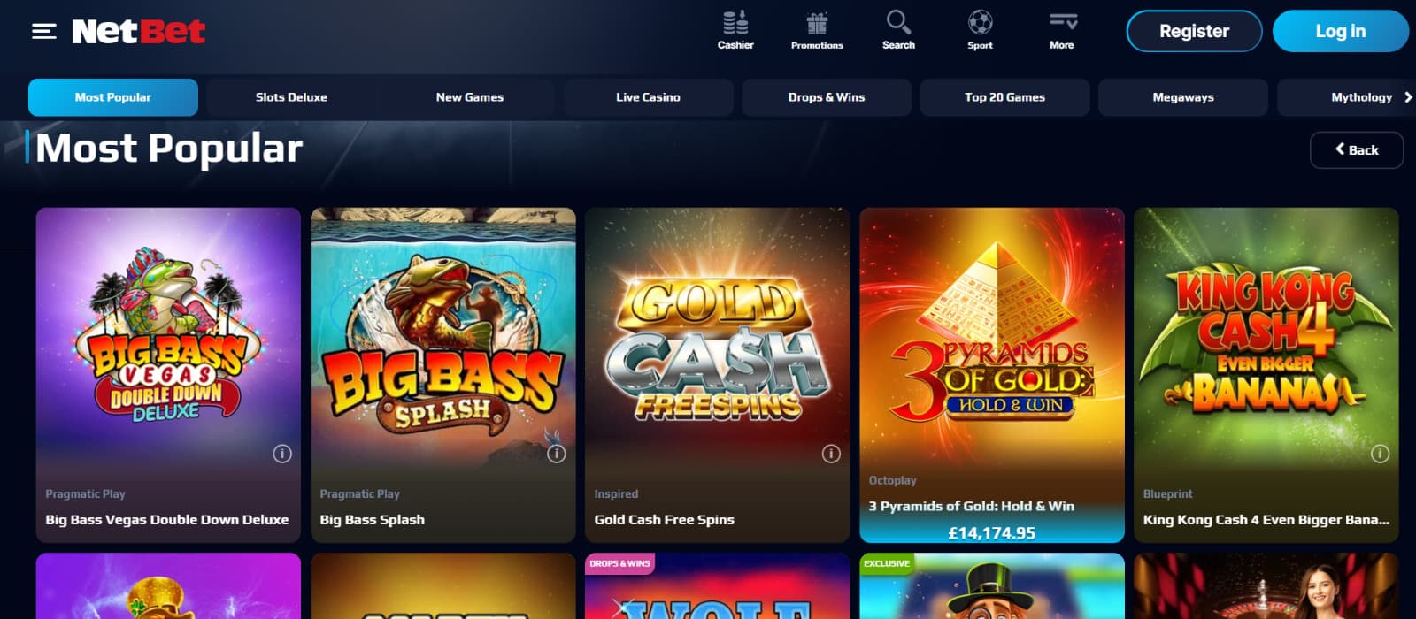 NetBet Casino games page showing a curated selection of popular slot titles, with clear game thumbnails and category tabs that make browsing feel organised and familiar.