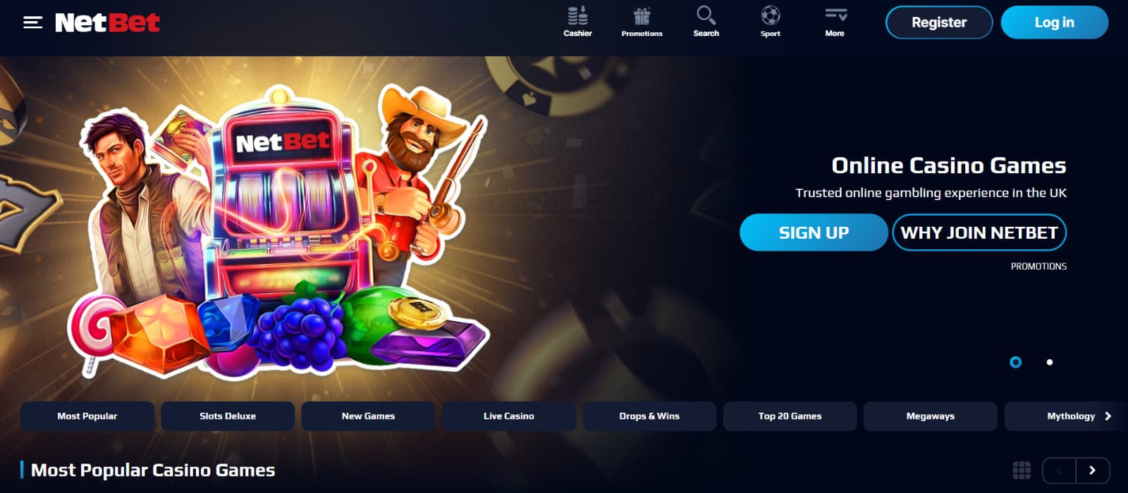 NetBet Casino landing page highlighting a bold hero banner, quick sign-up access, and top navigation shortcuts that set the tone for a structured, mainstream casino experience.