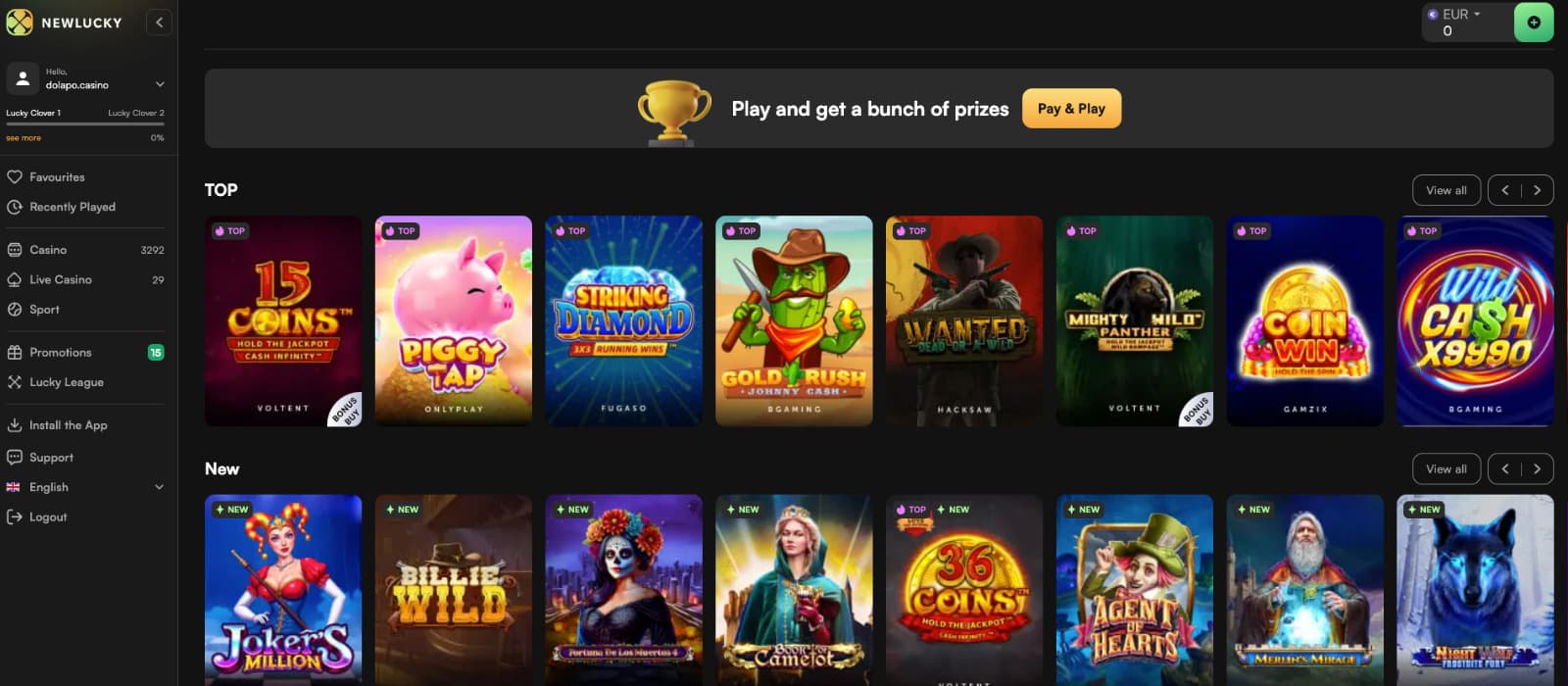 NewLucky Casino has a user-friendly landing page displaying different gaming options.