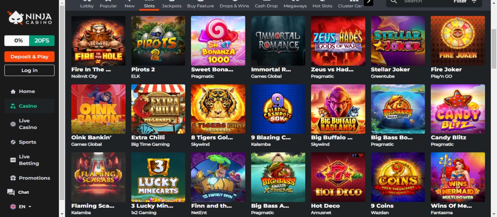 Ninja casino games page with the various colorful slot game icons and side navigational panel