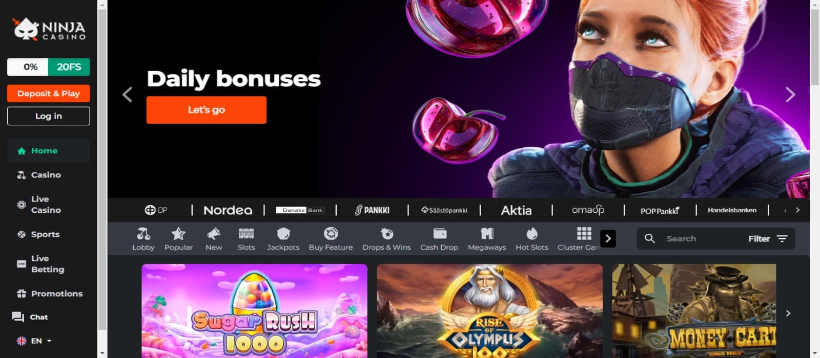 Ninja casino landing page with the Ninja theme banner showcasing daily bonuses and slot game icons below with the side navigational panel