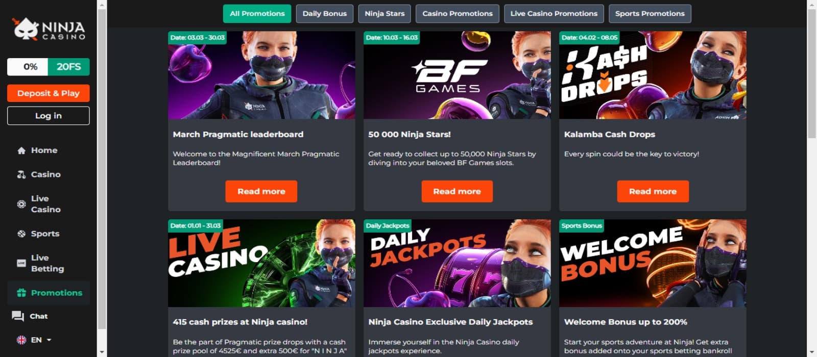 Ninja casino promotions page with the various promotions banner and side navigational panel