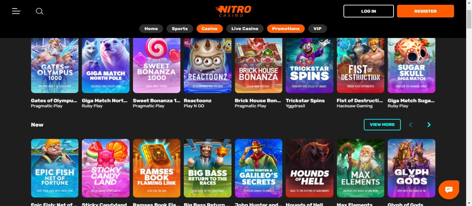 Nitro Casino games page with the various colorful slot game icons and game categories with the login options