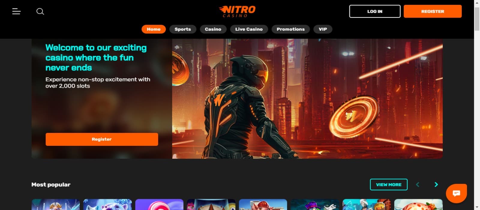 Nitro Casino landing page with a colorful and vibrant reddish gold banner showing an animated biker and nitro boost signals with the top navigational menus