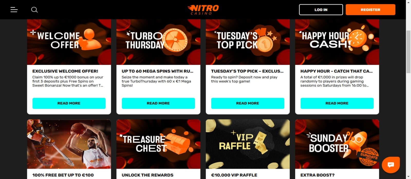 Nitro Casino promotions page with the various promotional bonus offers along with welcome bonus offer and animated graphics