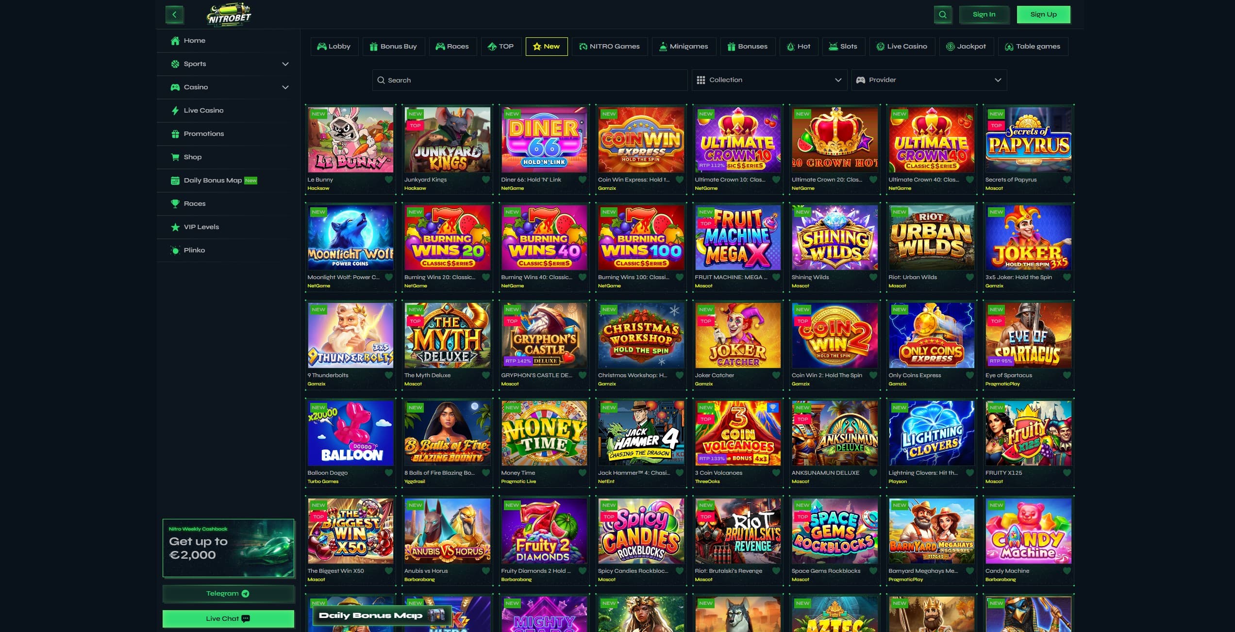 Nitrobet Casino Games Page showing a selection of slots