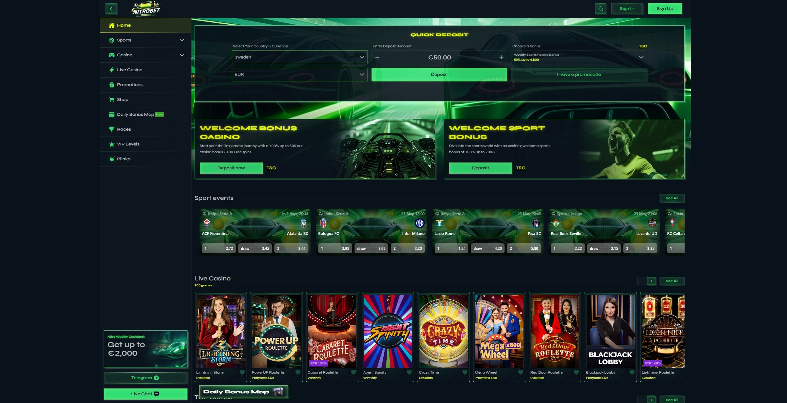 Nitrobet Casino Landing Page showing the main menu to the left and the welcome offers