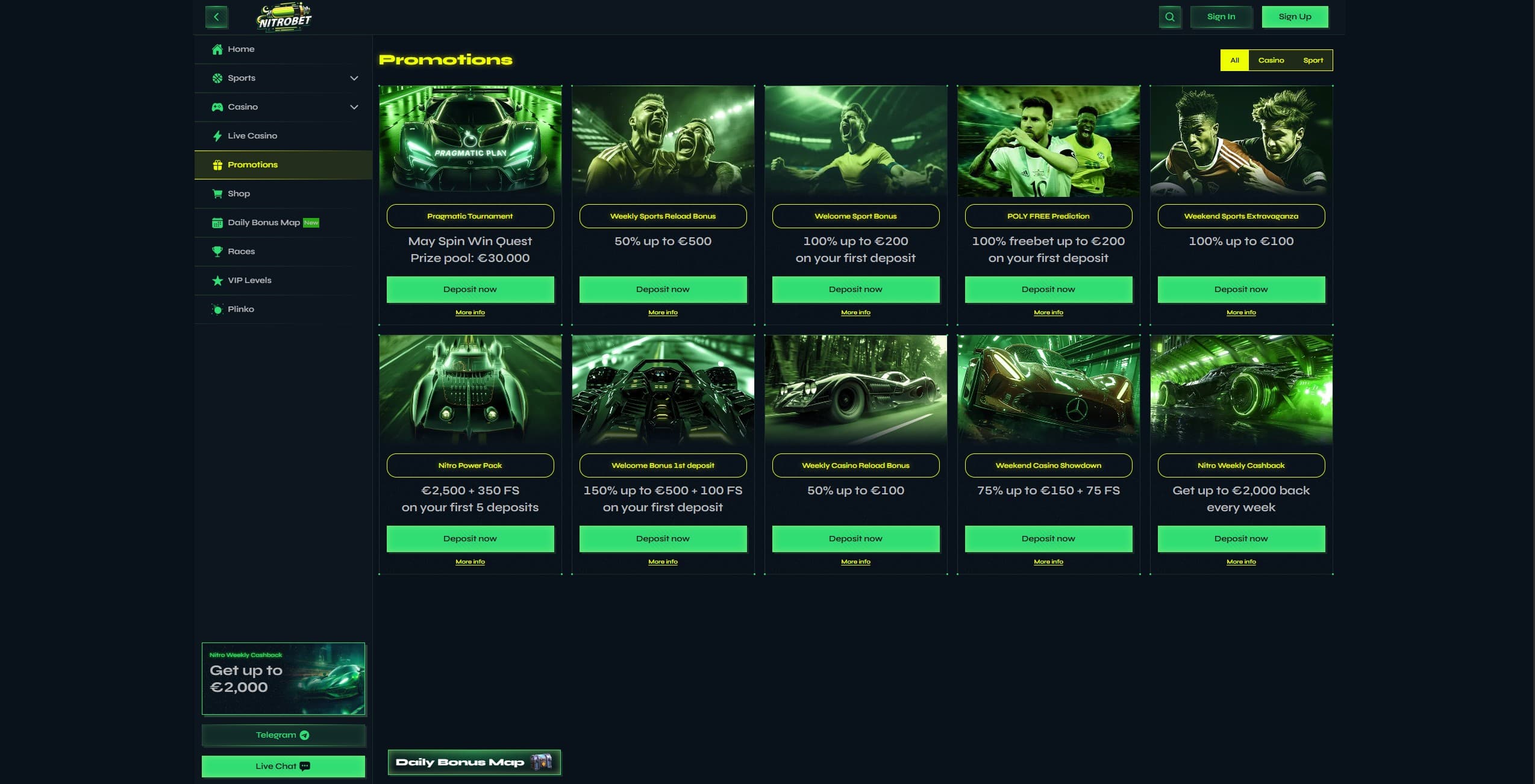 Nitrobet Casino Promotions Page showing the different bonuses and promotions
