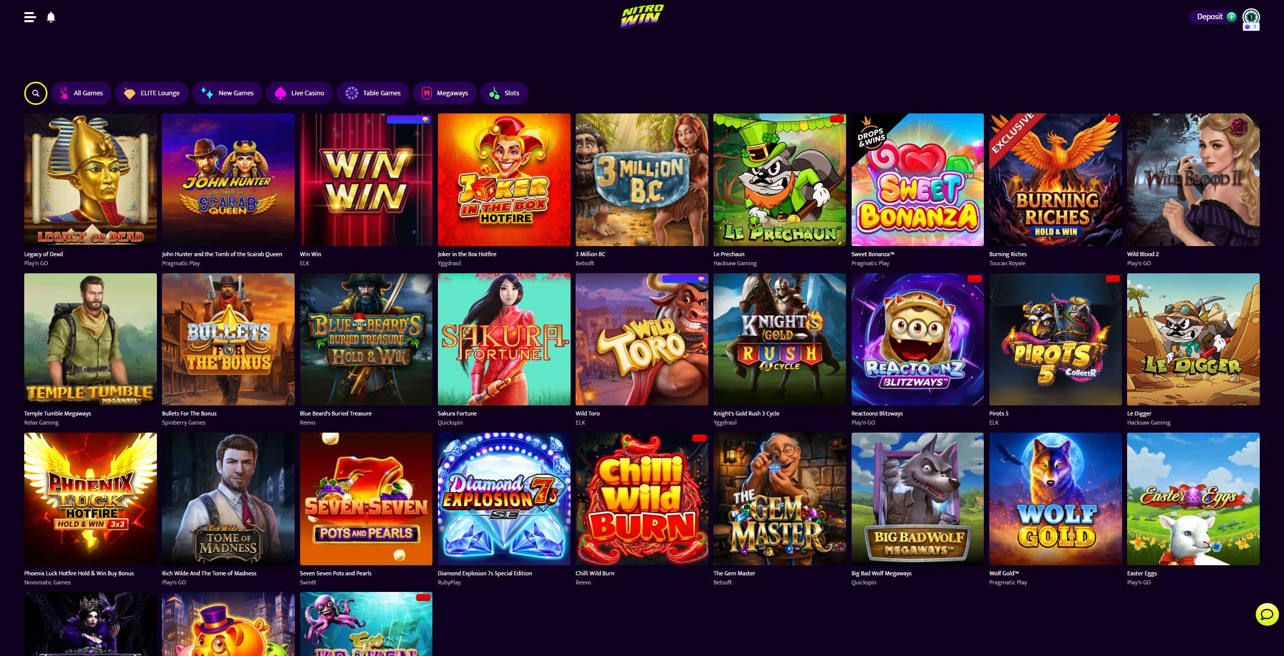 Nitrowin Games page showing some of the available slot games