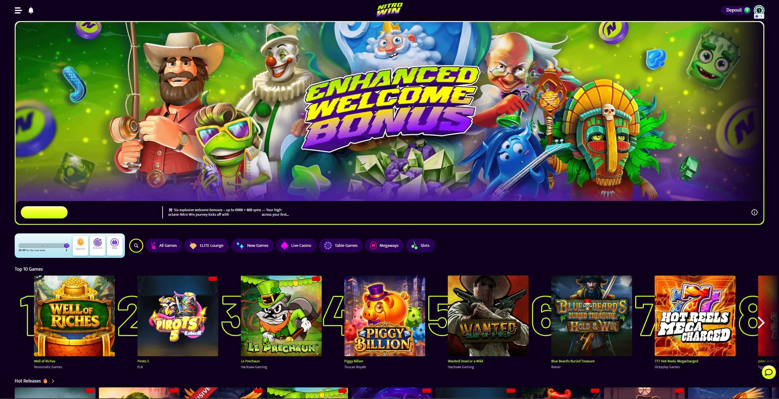 Nitrowin Landing Page showing a few popular slot games
