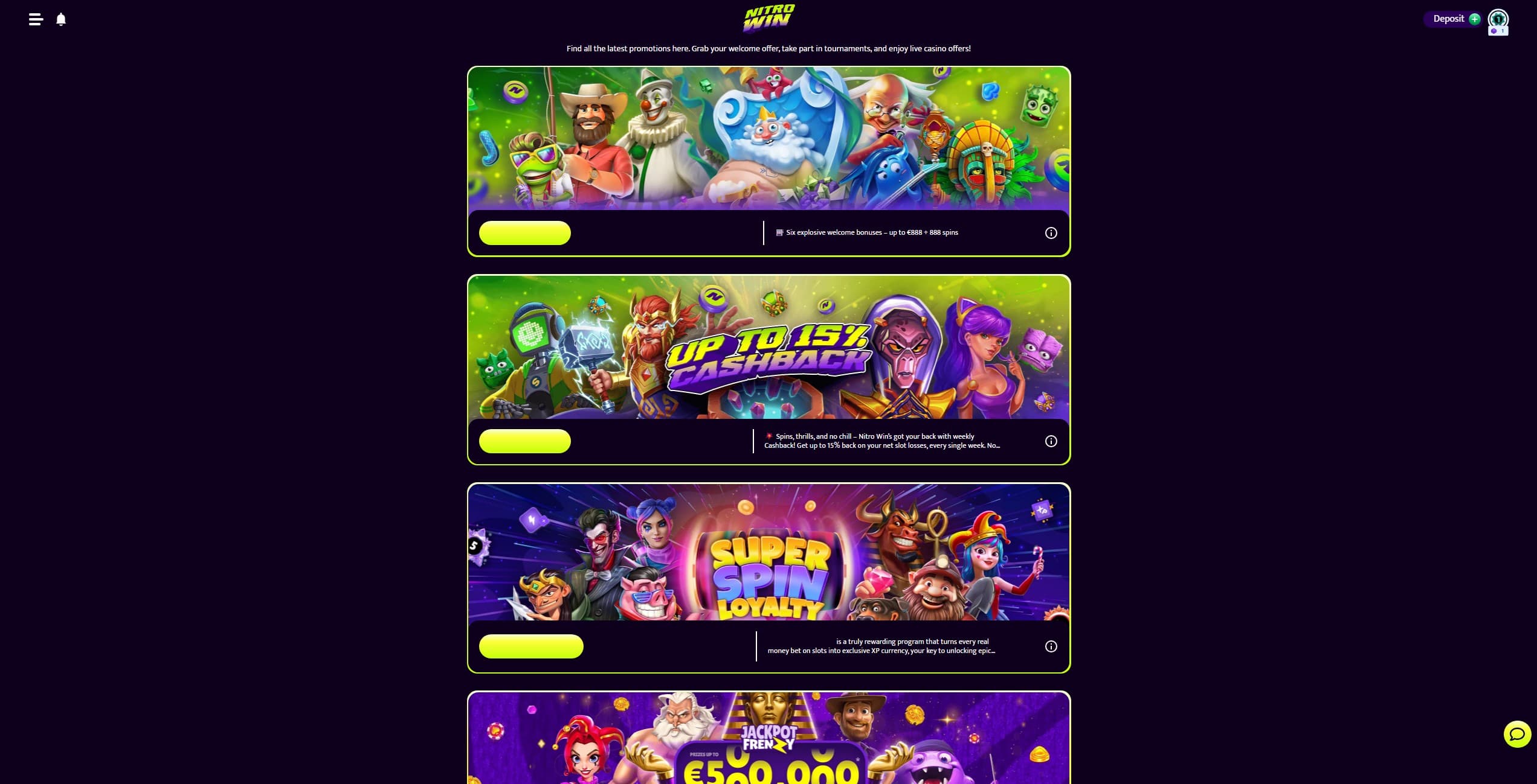 Nitrowin Promotions Page showing the available bonuses and promotions