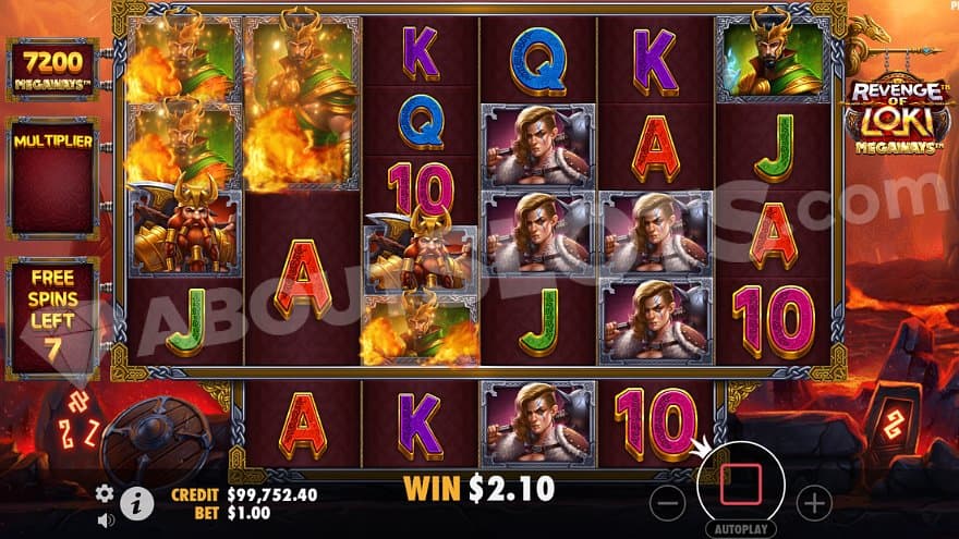 A win with Loki symbols on reels 1, 2, and 3 in the Free Spins. 