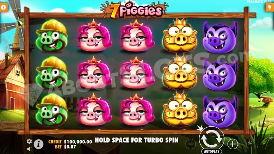 Base game where you can see stacked piggy symbols on the reels in various colors.