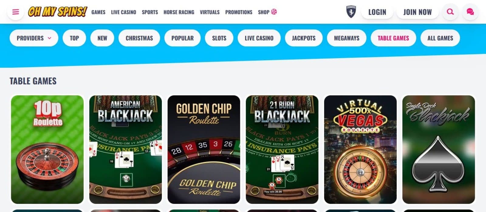OhMySpins Casino's live games section, showing variations of roulette and blackjack.