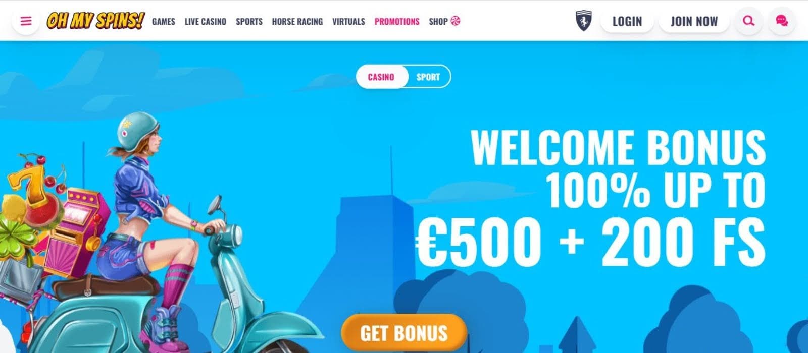OhMySpins Casino's homepage, showing the welcome bonus flanked by a game avatar on a scooter.