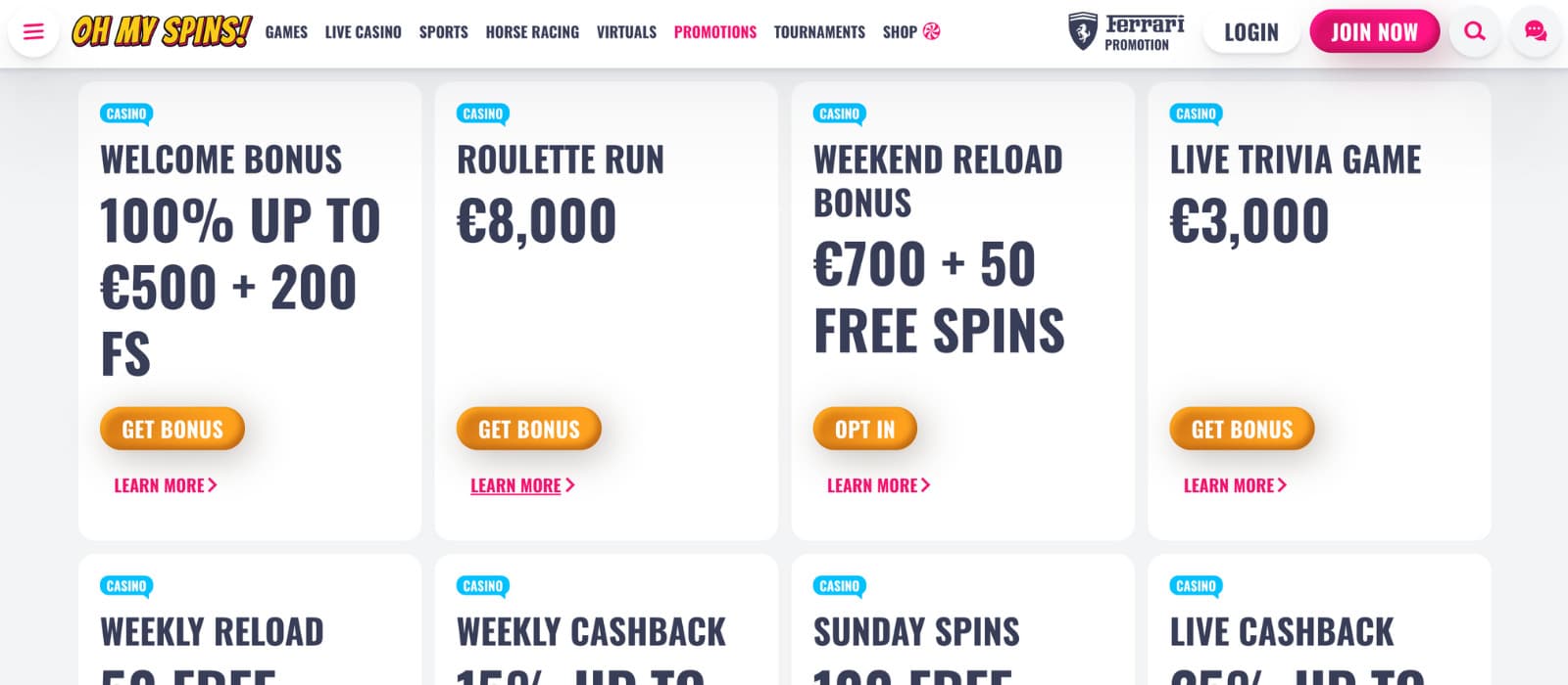 OhMySpins Casino's promotions page, showing the welcome bonus and other casino rewards.