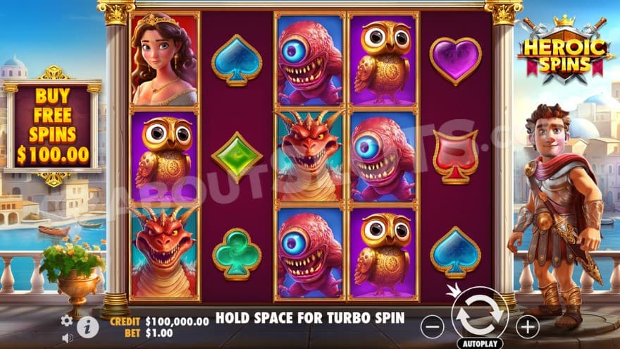 Base game with the hero on the right of the reels.
