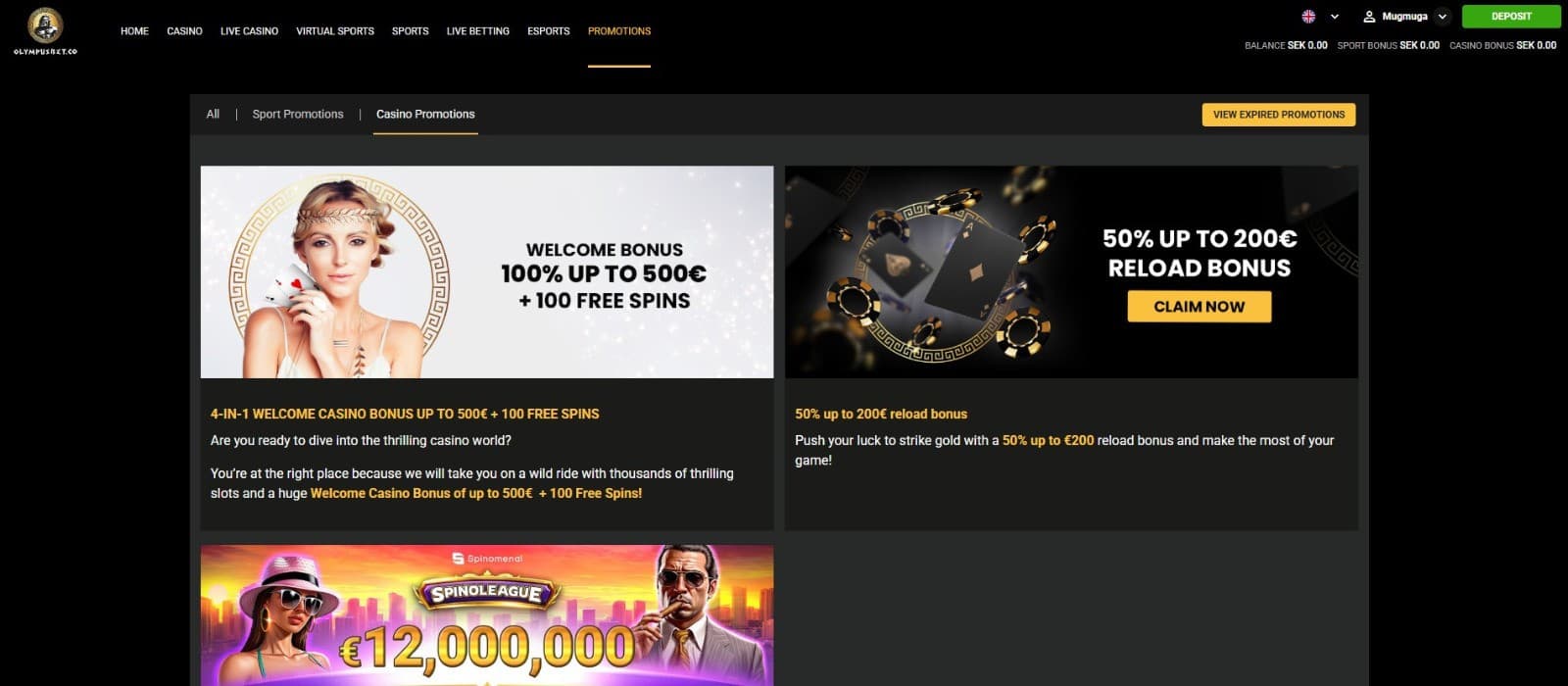 The promotions page of Olympusbet Casino displays the collection of casino bonuses, such as the welcome bonus, reload bonus, and more.