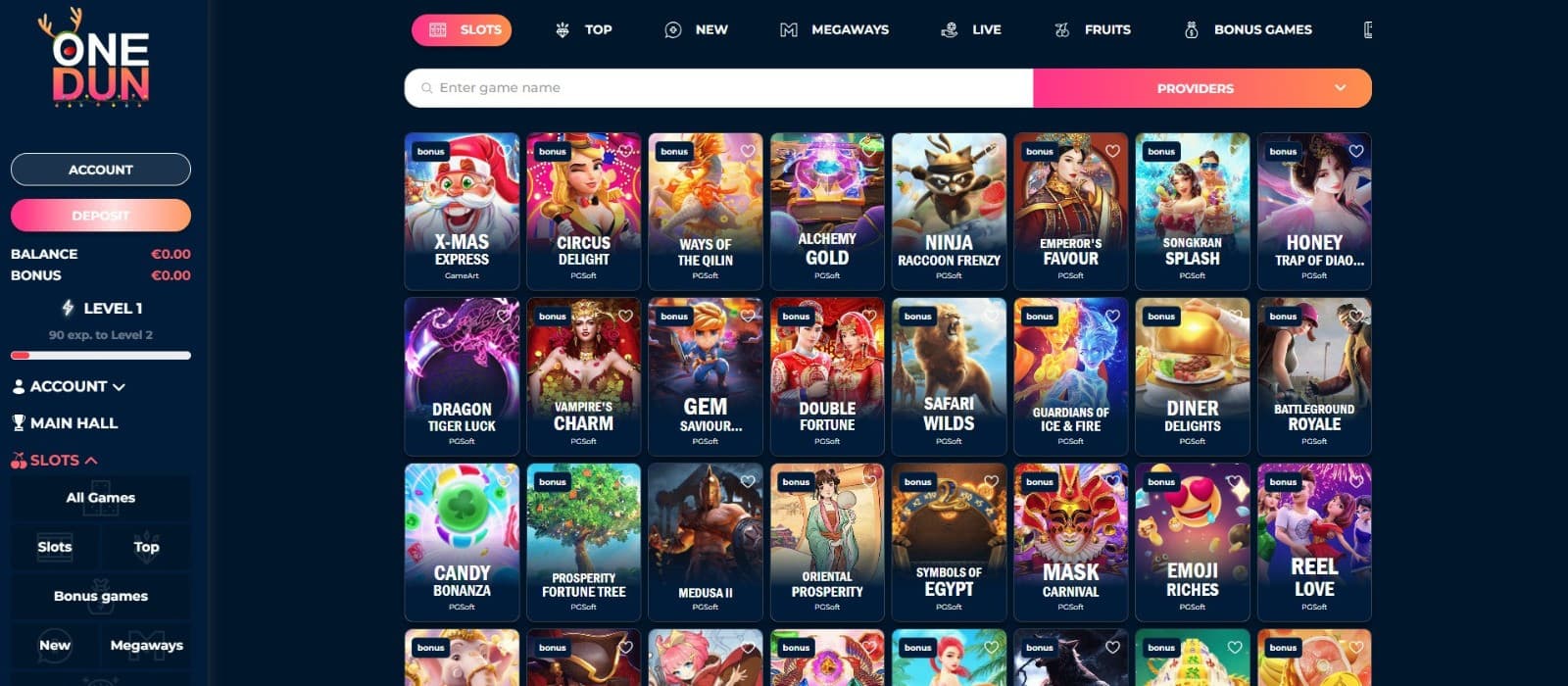 The games page of Onedun Casino presents a rich library of slot games, such as X-mas Express, Circus Delight, and more.