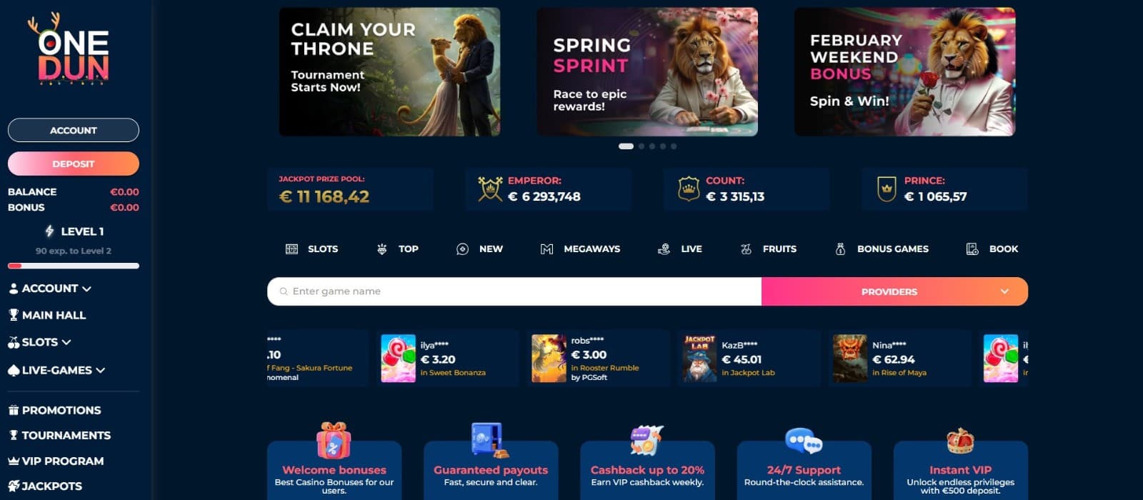 The landing page of Onedun Casino showcases different bonuses and casino games.