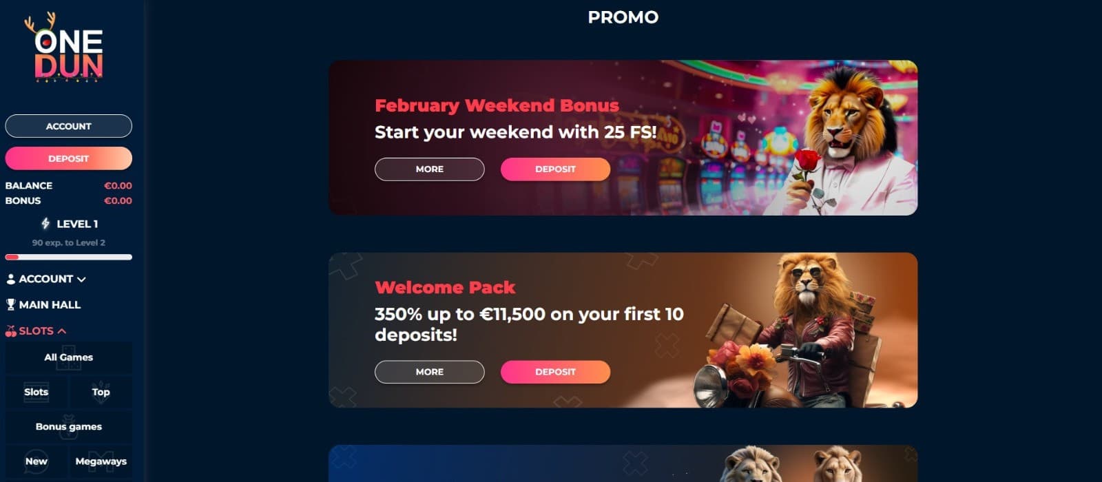 The promotions page of Onedun Casino displays various bonuses, such as February Weekend Bonus, Welcome Bonus, and more.