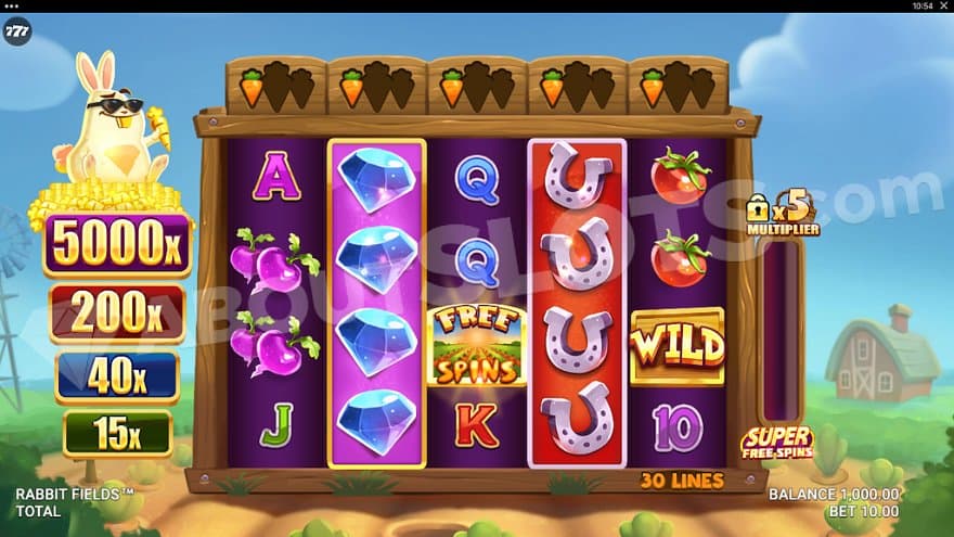 A casino slot with a rabbit to the side, holding a golden carrot. 